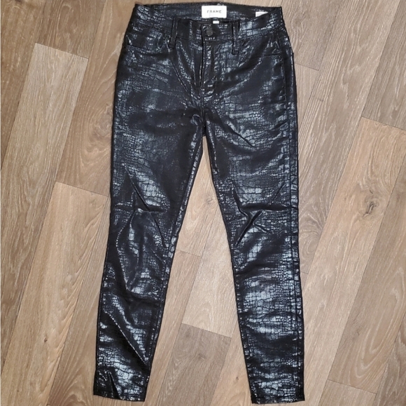 Frame Le High Skinny Black Faux Leather Jeans Croc Embossed Stretch - Picture 1 of 11